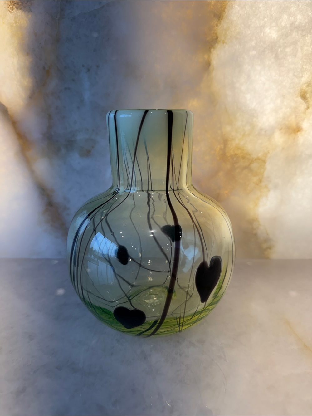 Gibson Green & Black Heart Motif Art Glass Vase